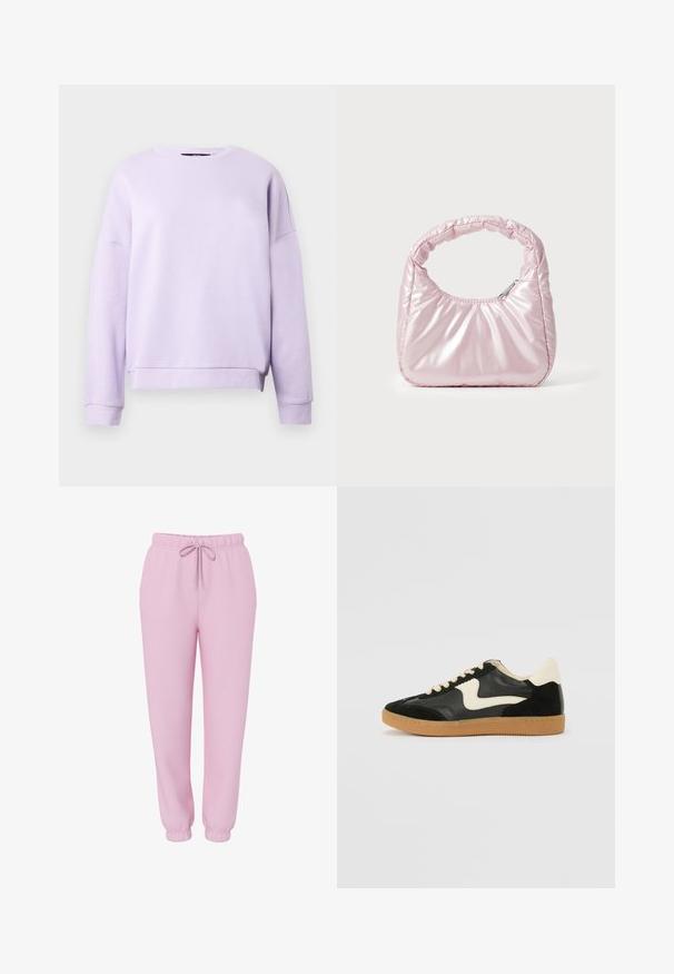 Hellvioletter Sweatshirt mit Rundhalsausschnitt, langen Ärmeln und gerippten Bündchen und Saum, auf einfachem hellem Hintergrund dargestellt.; Hellrosa Jogginghose mit elastischem Bund, Kordelzug, Seitentaschen und elastischen Bündchen, abgebildet auf weißem Hintergrund.; Schwarze Wildleder- und Leder-Sneaker mit einem cremefarbenen Seiten-Swoosh und einer hellcremefarbenen Ferse. Ausgestattet mit beige Schnürsenkeln und einer Gummilaufsohle.; Rosa, gepolsterte Handtasche mit abgerundeter Form, aus glänzendem Material gefertigt. Verfügt über einen gerafften Griff und einen Reißverschluss für sicheren Zugang.