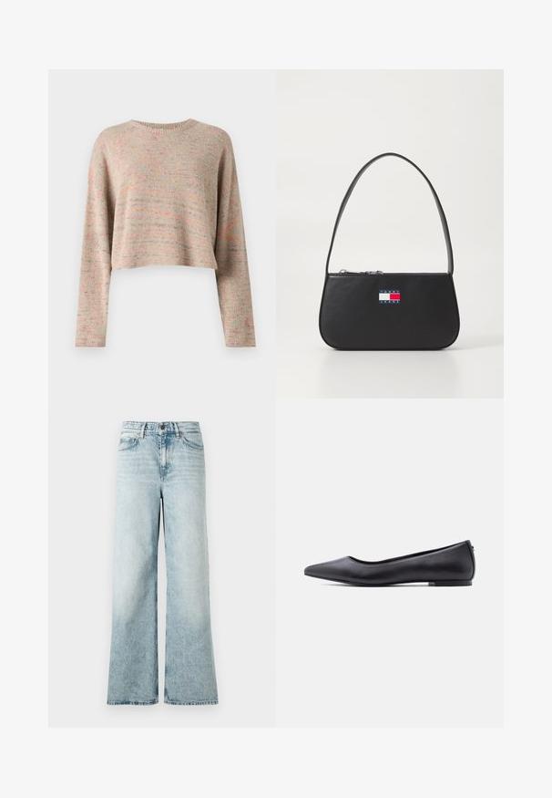 Let t, cropped sweater i multicolor strik med rund halsudskæring og lange ærmer. Blød tekstur med subtil mønstring over det hele.; Lyseblå vidde jeans lavet af denim, med høj talje, forkortet nederkant og en blød tekstur med falmede detaljer.; Sort flad lædersko med spidst tåparti og lav hæl, vist i sideprofil mod en hvid baggrund.; Sorte læderhandtaske med en buet form, kort hank og lynlåslukning. Har et multicolor logo patch på forsiden.