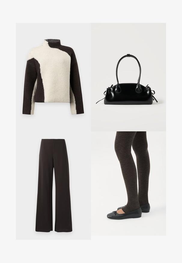 Pull en polaire avec un col montant, arborant un design bicolore en marron foncé et crème, mettant en avant une finition douce et texturée.; Pantalons larges noirs en tissu lisse et extensible. Ils présentent une taille haute et un design épuré et minimaliste sans fermetures visibles.; Jambes portant des leggings côtelés foncés associés à des ballerines noires avec de petits détails en nœud sur fond blanc.; Petit sac à main noir brillant avec deux longues anses et des détails à cordon sur les côtés sur un fond clair uni.