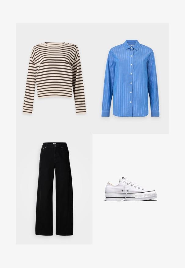 Langærmet crewneck sweater med hvide og mørkebrune vandrette striber mod en ensfarvet baggrund.; Blå langærmet skjorte med hvide lodrette striber, knaplukning foran, klassisk krave og blød stoftekstur.; Bredde ben sorte denim jeans med knaplukning, fem lommer og en ren finish. Fremstillet af tekstureret stof for holdbarhed.; Hvid lavtop lærredssneakers med hvide snørebånd, sorte striber på sålen og gummieret tekstureret tåhætte, sidevendt på hvid baggrund.