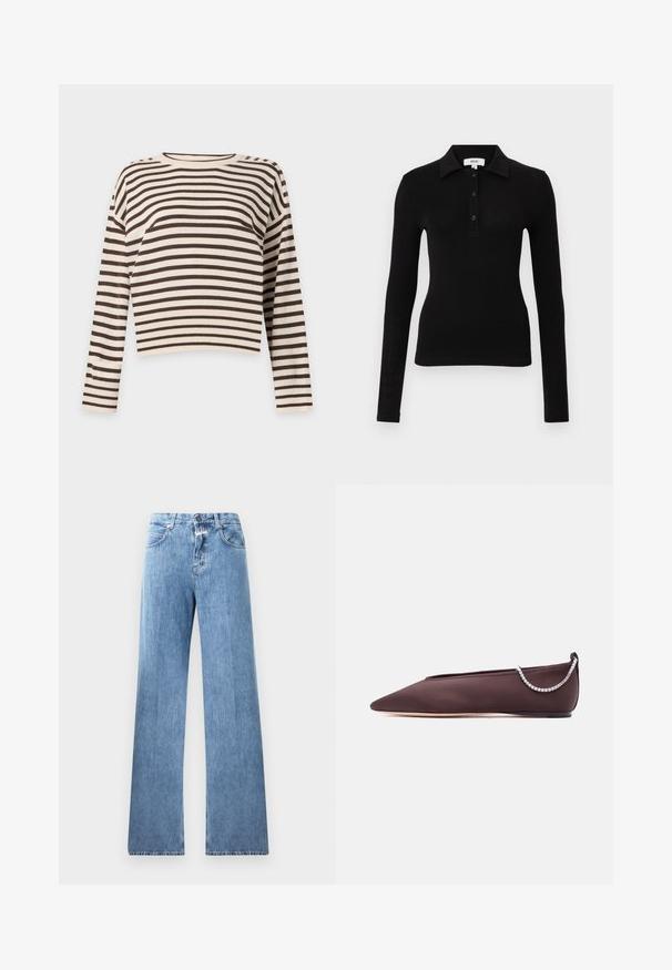 Pull à manches longues avec col rond, rayures horizontales blanches et marron foncé sur un fond uni.; Polo noir à manches longues en tissu doux, présentant un col à revers, une patte de boutonnage et une coupe ajustée pour une silhouette élancée.; Jeans en denim bleu clair avec une coupe large, cinq poches, passants de ceinture et fermeture à bouton. Le tissu a une texture lisse.; Chaussure plate marron foncé à bout pointu avec un petit talon et un détail chaîne en strass argentée à l'arrière.