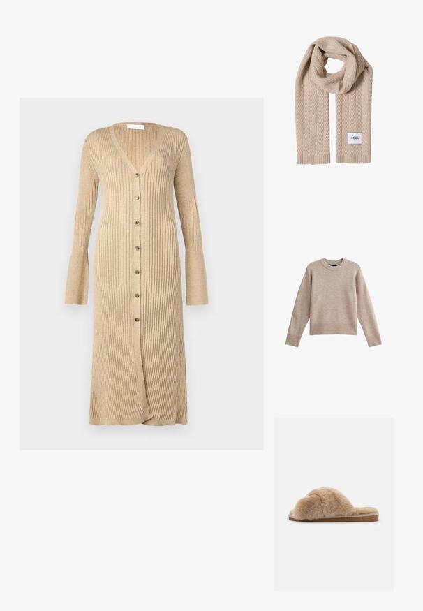 Beige strikket sweater med rund hals, ribbede manchetter og kant. Stofstrukturen er blød med et subtilt mønster. Afslappet pasform design.; Beige ribbet cardigan med lange ærmer, knaplukning foran, V-hals og udvidede manchetter. Fremstillet af blødt strikmateriale med en tekstureret finish.; Fuzzy beige hjemmesko med blød tekstur, åben bag og indvendig foring. Flad sål med en lysebrun bund og beige syning.; Beige strikket tørklæde med et fiskebensmønster og ribbet tekstur. Har et lille hvidt mærke med "CECIL" i sort tekst.