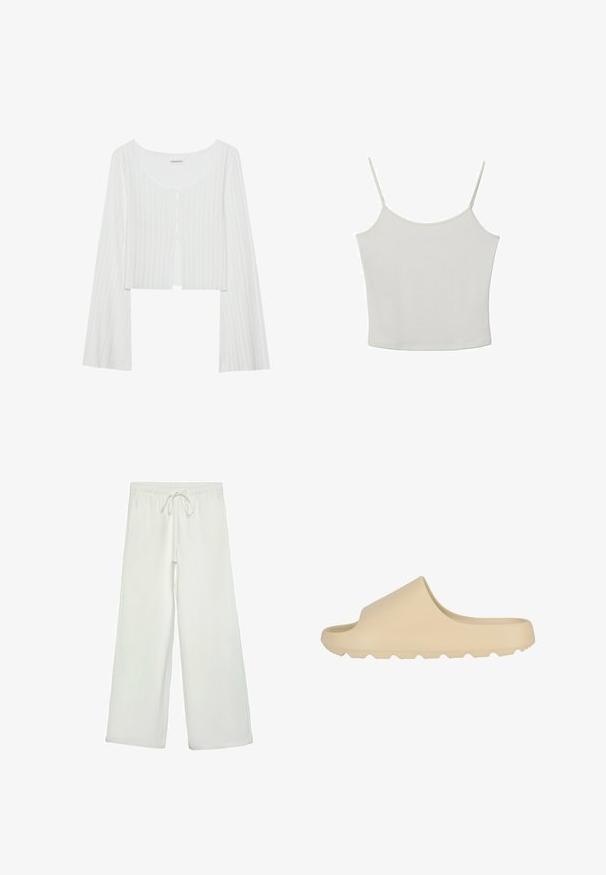 Hvid, ribbet, cropped top med rund halsudskæring, lange ærmer og knaplukning. Har en let struktur og en front slids detalje.; Stradivarius TOP - Top - beige; Hvide bukser med bred ejer lavet af blødt stof. Har en elastisk talje med snor og en glat tekstur. Ingen synlige mønstre eller hardware.; Lys beige slide sandal med en glat, mat finish. Har design med åben tå og en tekstureret, rillede sål for godt greb.