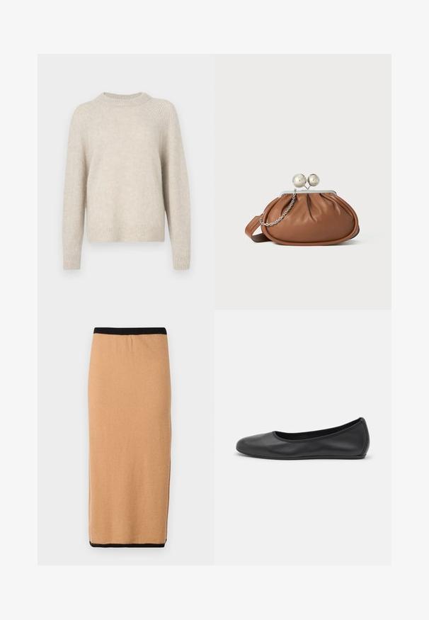 Suéter de punto beige con cuello redondo, mangas raglán y dobladillo acanalado. Textura suave con un ajuste ligeramente holgado y patrón mínimo.; Falda de punto color camel hasta la rodilla con una cinturilla elástica negra y una textura suave. Diseño sencillo, sin patrones ni acentos visibles.; Bailarina de piel negra con punta redondeada, textura suave, detalle de costura minimalista y diseño de suela flexible.; Bolso de mano de cuero marrón con cierre de bola plateada y un pequeño detalle de cadena plateada sobre un fondo blanco.