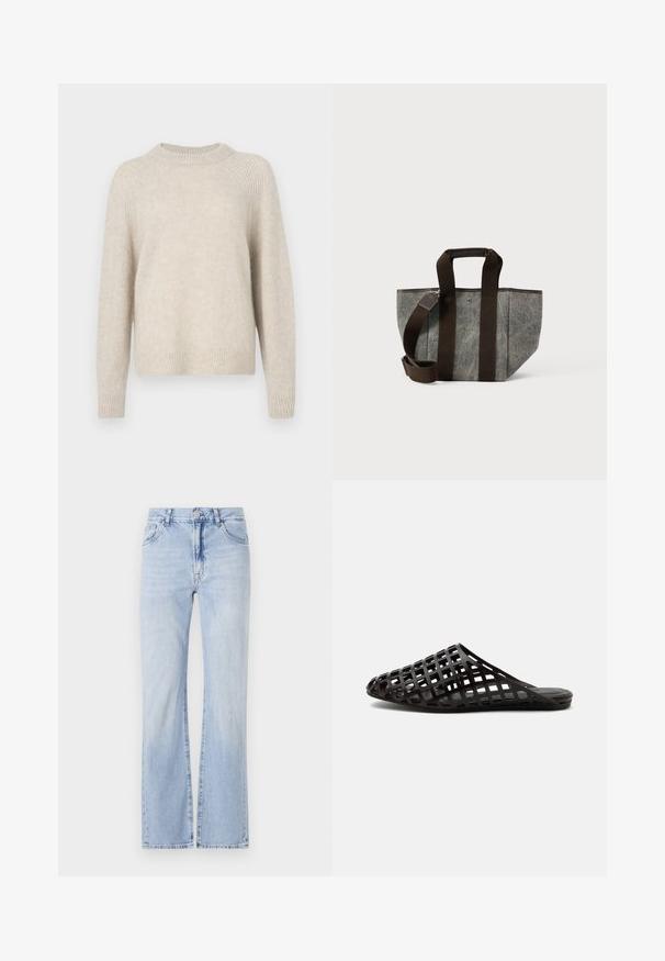 Beige gebreide trui met een ronde hals, raglanmouwen en geribbelde zoom. Zacht van textuur met een iets losse pasvorm en een minimaal patroon.; Lichtblauwe denim flared jeans met vijf zakken, riemlussen en een knoopsluiting. Zachte textuur met subtiele vervaging.; Zwarte slip-on sandaal met een puntige neus en een ruitvormig uitgesneden ontwerp, platte zool en open hiel op een effen achtergrond.; Grijze stoffen draagtas met donkerbruine hengsels en accenten. Heeft een gestructureerde vorm en robuust ontwerp, geschikt voor dagelijks gebruik.