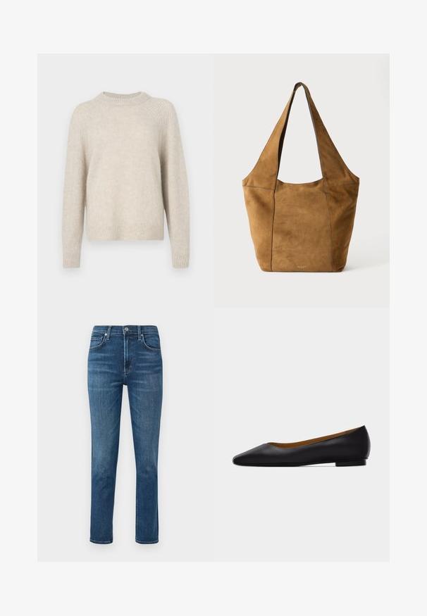 Beige gebreide trui met een ronde hals, raglanmouwen en geribbelde zoom. Zacht van textuur met een iets losse pasvorm en een minimaal patroon.; Donkerblauwe denim jeans met een rechte pijp, vijf zakken en een metalen knoop in de taille. Subtiele vervaging en stikseldetails.; Zwarte leren puntschoen met lage hak en gladde afwerking, zijaanzicht op een lichtgrijze achtergrond.; Bruine suède tas met brede banden en eenvoudige stiksels, rechtopstaand op een effen lichte achtergrond.