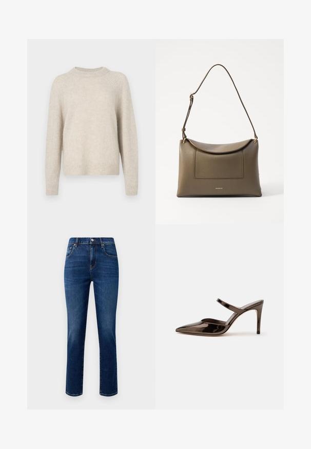 Suéter de punto beige con cuello redondo, mangas raglán y dobladillo acanalado. Textura suave con un ajuste ligeramente holgado y patrón mínimo.; Jeans de mezclilla en azul oscuro, con corte recto, diseño de cinco bolsillos y cierre frontal de botón metálico. Textura suave, sin patrones visibles.; Mule de tacón alto de punta estrecha de color marrón oscuro brillante con una tira delgada sobre el empeine sobre un fondo blanco liso.; Bolso de mano de cuero color verde oliva con una superficie texturizada, cierre de solapa y correa ajustable. Presenta un bolsillo frontal y herrajes en tono dorado.
