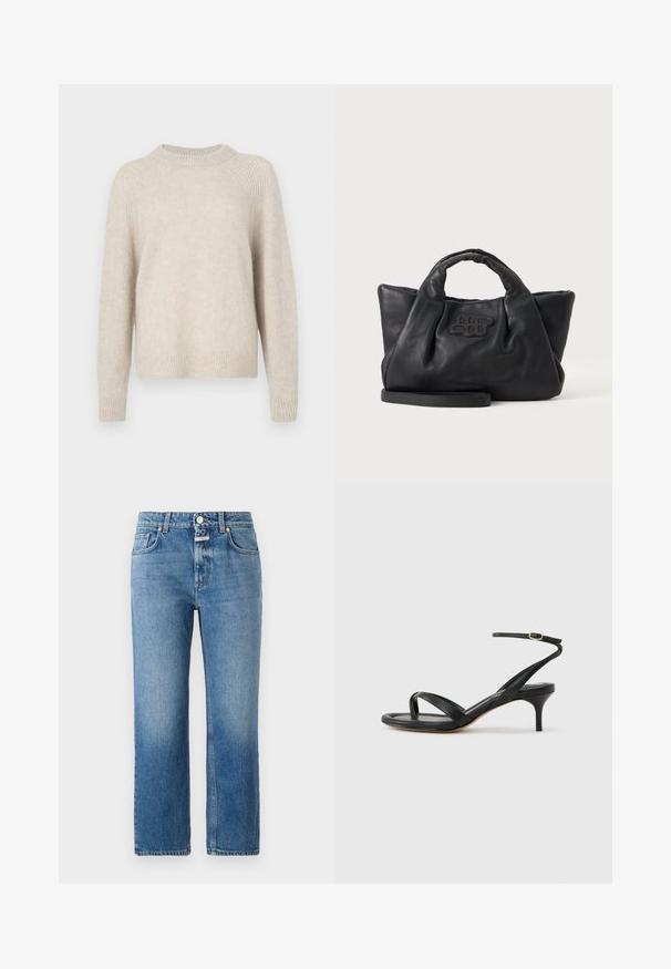 Pull en tricot beige avec un col rond, des manches raglan et un ourlet côtelé. Texture douce avec une coupe légèrement ample et un motif minimal.; CLOSED MILO - Jean droit - mid blue; Sandale pour femme en cuir noir avec fines lanières, une boucle d'orteil, une boucle à la cheville et un talon aiguille de hauteur moyenne sur un fond neutre.; Sac à main en cuir souple noir avec de courtes poignées, une bandoulière amovible et un logo cousu à l'avant, sur un fond uni clair.