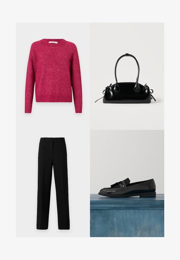 Langærmet sweater med rund hals i meleret mørk pink strikket stof med ribbede manchetter og kant, præsenteret mod en enkel lys baggrund.; Sorte bukser med lige ben-design, lavet af tekstureret stof, der har en flad front, to skarpe folder og bælteholdere.; Sorte patenterede lædersko med flad hæl, med et frynsedetalje og glat overflade, designet med en rund tå og subtil søm.; Lille sort blank håndtaske med to lange håndtag og snøre-detaljer i siden på en ensfarvet lys baggrund.
