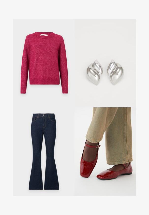 Langærmet sweater med rund hals i meleret mørk pink strikket stof med ribbede manchetter og kant, præsenteret mod en enkel lys baggrund.; Mørkeblå denimjeans med høj talje, forreste knap og lynlås, klassisk fem-lomme-stil og udvidede ben.; Røde patentlæder sko med firkantet tå, lav hæl og ankelrem, parret med lysegrønne vide bukser. Glat tekstur, reflekterende overflade.; Sølvøreringe med en organisk, abstrakt form. Glat, skinnende overflade med et tilspidset design. Har subtile kurver og en centrallinje detalje.