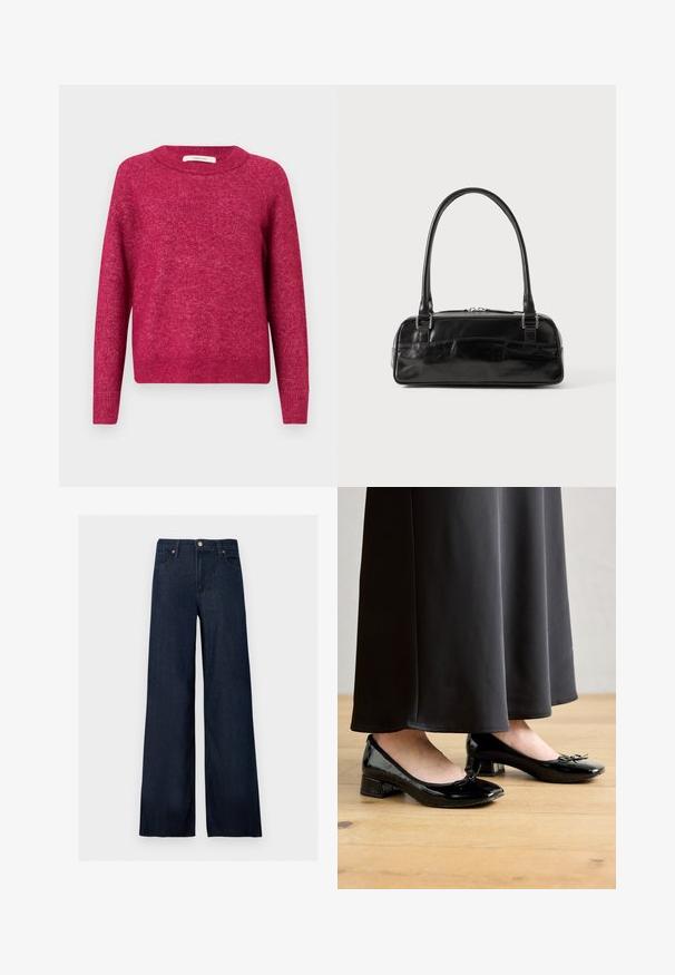 Langærmet sweater med rund hals i meleret mørk pink strikket stof med ribbede manchetter og kant, præsenteret mod en enkel lys baggrund.; Mørkeblå vidde jeans i denim med frontknap, bæltestropper og fem-lomme design på en ensfarvet baggrund.; Sorte patentlæder balletflade med en sløjfe accent, lav blokhæm og rund tå, båret med en lang sort nederdel på et trægulv.; Sort læderhåndtaske med rektangulær form, der har et enkelt struktureret håndtag, sølvhardware og lynlås-lukning. Glat tekstur.