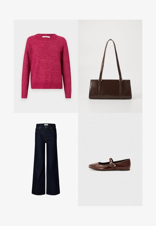 Langarm-Pullover mit Rundhalsausschnitt aus melierter dunkelrosa Strickware, mit gerippten Bündchen und Saum, vor einem schlichten hellen Hintergrund präsentiert.; Dunkelblaue Denim-Jeans mit weitem Bein, vorne mit Knopf und Reißverschluss, Gürtelschlaufen und vorderen Taschen, auf weißem Hintergrund dargestellt.; Braune Lackleder-Ballerinas mit quadratischer Zehenform und Riemen mit einer kleinen goldenen Schnalle. Glatte Textur, niedriger Absatz und minimalistisches Design.; Braune Lackleder-Handtasche in rechteckiger Form, mit zwei langen Griffen und subtilen, geschwungenen Akzenten auf der Vorderseite.