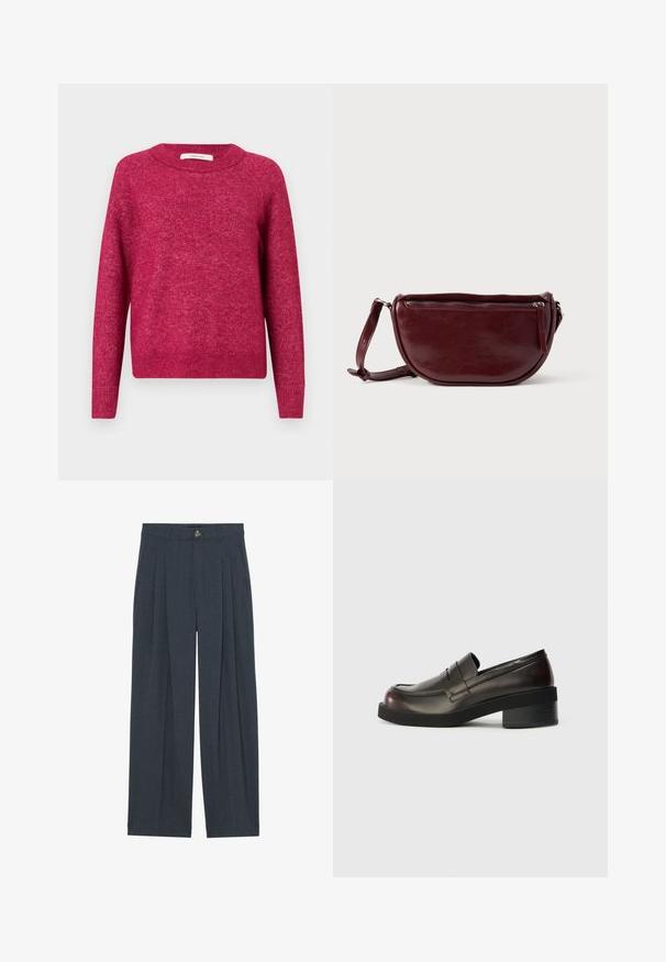 Pull à manches longues, col rond, en tissu tricoté rose foncé chiné avec des poignets et un ourlet côtelés, présenté sur un fond clair uni.; Pantalons larges en tissu texturé gris foncé, avec des plis avant, une fermeture à bouton et des poches latérales pour plus de fonctionnalité.; Mocassins en cuir marron foncé avec un bout arrondi, des détails cousus et un talon bloc modéré. Texture lisse, design minimaliste.; Sac à main en cuir marron foncé avec une forme en demi-lune, une fermeture éclair et une bandoulière amovible. Texture lisse avec un léger éclat.