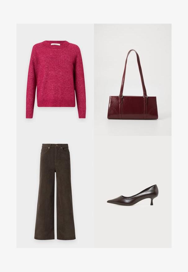 Pull à manches longues, col rond, en tissu tricoté rose foncé chiné avec des poignets et un ourlet côtelés, présenté sur un fond clair uni.; Pantalons en velours côtelé larges marron foncé avec poches avant, passants de ceinture et fermeture à boutons à la taille.; Escarpin en cuir marron foncé à bout pointu avec petit talon incurvé sur fond blanc.; Sac à main bordeaux en matériau brillant, de forme rectangulaire, avec deux anses et des accents légèrement courbés à l'avant.