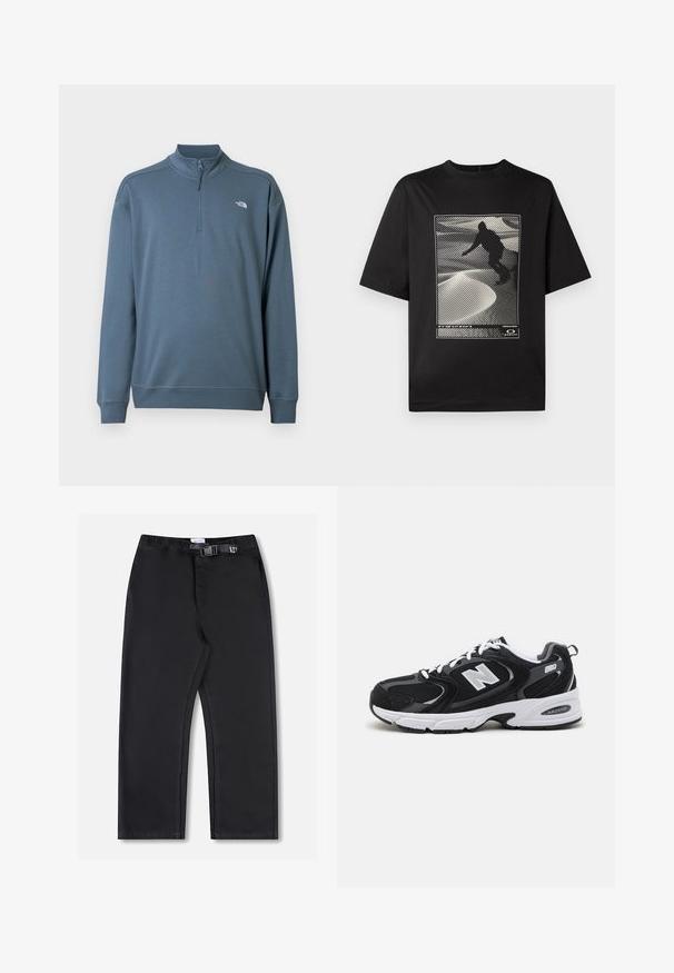Pull bleu à manches longues avec fermeture éclair jusqu'au quart, col montant et petit logo blanc The North Face sur le côté gauche de la poitrine.; T-shirt noir à manches courtes avec une impression graphique représentant une silhouette sur une surface blanche texturée avec des motifs linéaires.; Pantalon noir à jambes droites avec taille élastique et fermeture latérale à boucle, présenté sur fond blanc.; Baskets de sport noires et grises avec un tige en mesh et en suède, présentant une semelle intermédiaire blanche, des lacets et un logo "N" audacieux sur le côté.