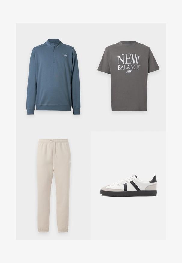 Sinine pikkade varrukatega neljandiku tõmblukuga pullover, seisev krae ja väike valge The North Face'i logo vasakul rinnal.; Hall halli lühikeste varrukatega ümara kaelusega T-särk, millel on ees suur valge tekst "NEW BALANCE" ja keskel asuv "NB" logo.; Kerged beežid dressipüksid, mis on valmistatud pehmest kangast, elastse vöökoha, reguleeritava paelaga ja kitsenevate varrukaotstega.; Valged tossud mustade ja hallide aktsentidega, tekstureeritud halli varbakattega, musta kummitald ja lamedad valged paelad. Puhtad jooned, minimalistlik stiil.