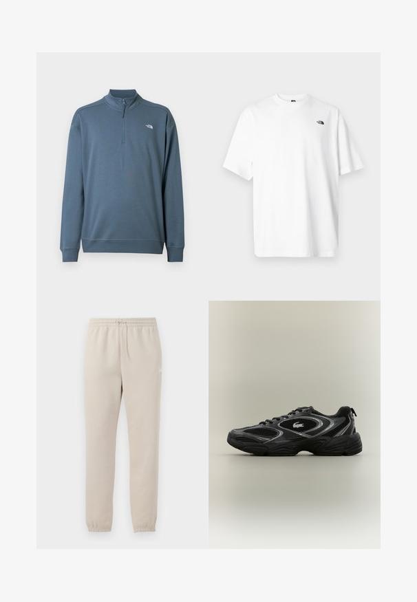 Sinine pikkade varrukatega neljandiku tõmblukuga pullover, seisev krae ja väike valge The North Face'i logo vasakul rinnal.; Valge puuvillane lühikeste varrukatega t-särk, V-kaelusega disainiga, millel on väike must logo ülaosa vasakul küljel. Pehme tekstuur, lõdvestunud istuvus.; Kerged beežid dressipüksid, mis on valmistatud pehmest kangast, elastse vöökoha, reguleeritava paelaga ja kitsenevate varrukaotstega.; Mustade ja hallide sportlike sneakersiteeritud võrkpaneelidega, sidumisega disain, paks tallaosa ja väike krokodillilogo küljes.