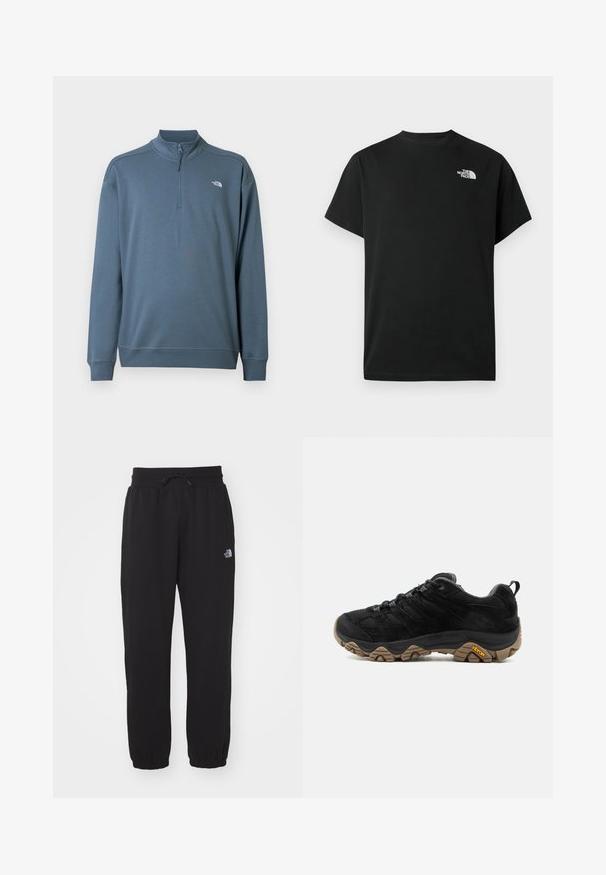 Sininen pitkähihaisen puolivetoketjullinen pusero, pystykäärellä ja pienellä valkoisella The North Face -logolla vasemmassa rinnassa.; Musta lyhythihainen t-paita, valmistettu puuvillasta. Vasemmassa rinnassa valkoinen logo. Yksinkertainen leikkaus, pyöreä pääntie ja minimaalinen design.; Musta collegehousut pehmeästä kankaasta, joissa on joustava vyötärönyöri, nilkkasaumat ja pieni logo yläreidessä.; Musta vaelluskengät, joissa kestävä ruskea Vibram-pohja, verkkovuori ja mokkanahkainen päällinen, nauhakiinnitys ja takalenkki, kuvattuna ulkopuolelta.