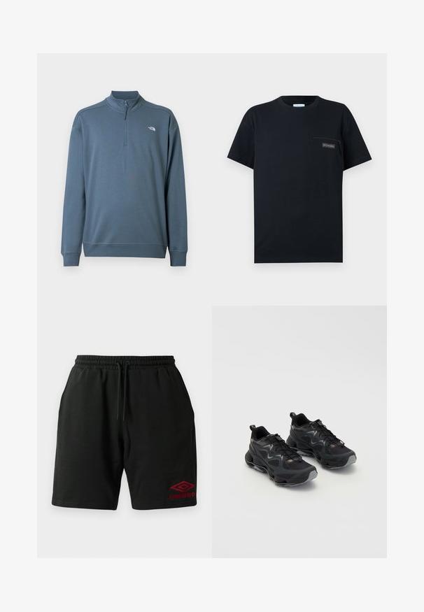 Blauwe trui met lange mouwen en een kwart ritssluiting, opstaande kraag en klein wit The North Face-logo op de linkerborst.; Zwart T-shirt met korte mouwen, ronde hals en een klein zakje met rits op de linkerborst met een Columbia-logo patch.; Zwarte sweatshorts met trekkoord, zijzakken en een rood Umbro-logo geborduurd op de onderste linkerbenen.; Zwarte sportschoenen met een gestructureerde mesh bovenkant, voorzien van een chunky zool, vetersluiting en subtiele grijze accenten.