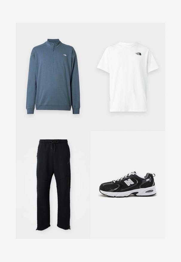 Jersey azul de manga larga con cremallera hasta el pecho, cuello alto y pequeño logo blanco de The North Face en el pecho izquierdo.; Camiseta blanca de algodón con mangas cortas y cuello redondo, que presenta un pequeño logotipo negro de The North Face en el pecho izquierdo.; Pantalones deportivos negros con cinturilla elástica y cordón, con bolsillos laterales, piernas ajustadas y cremalleras en los tobillos. Textura suave.; Zapatillas deportivas en negro y gris con parte superior de malla y ante, que cuentan con una entresuela blanca, cordones y un llamativo logo "N" en el lateral.