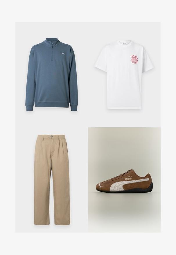Pull bleu à manches longues avec fermeture éclair jusqu'au quart, col montant et petit logo blanc The North Face sur le côté gauche de la poitrine.; T-shirt blanc à manches courtes avec un petit texte en spirale rouge sur le côté gauche de la poitrine indiquant "Carhartt WIP" et "Est. 1889" dans un design circulaire.; Pantalons beiges taille haute avec plis, passants de ceinture, fermeture à bouton et jambes droites sur un fond blanc.; Baskets en daim marron avec des accents blancs et un design texturé. Elles disposent d'une semelle en caoutchouc noire et d'un logo Puma proéminent sur le côté.