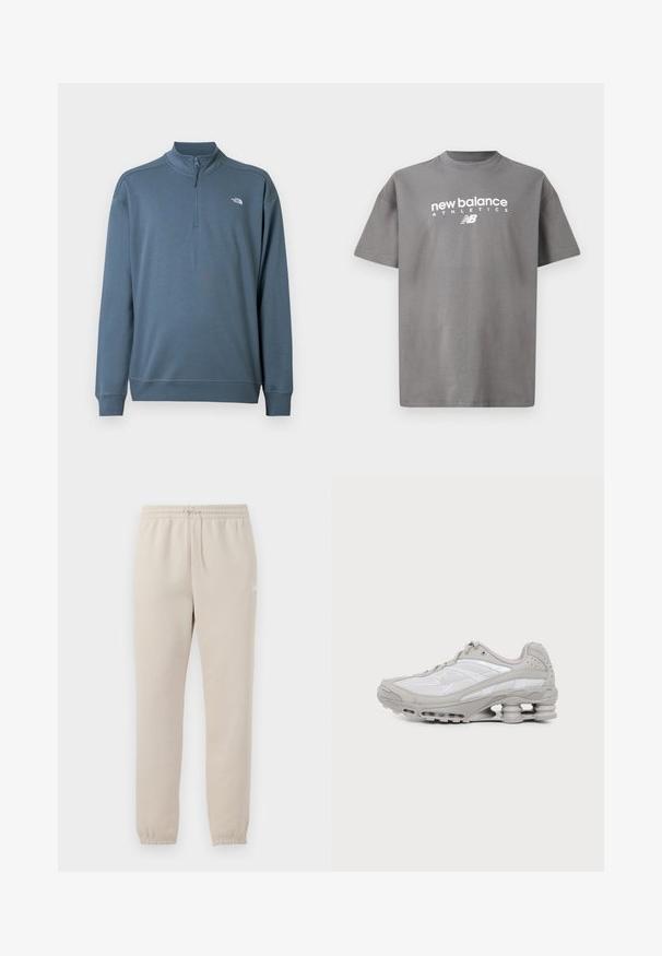 Pull bleu à manches longues avec fermeture éclair jusqu'au quart, col montant et petit logo blanc The North Face sur le côté gauche de la poitrine.; T-shirt en coton gris avec un col rond, des manches courtes, et un logo blanc "new balance ATHLETICS" imprimé à l'avant.; Pantalons de jogging beige clair fabriqués en tissu doux, avec une taille élastique, un cordon de serrage ajustable et des poignets fuselés au niveau des chevilles.; Baskets de sport grises et blanches avec semelle à coussin d'air visible et panneaux en mesh, présentées de profil sur un fond clair uni.
