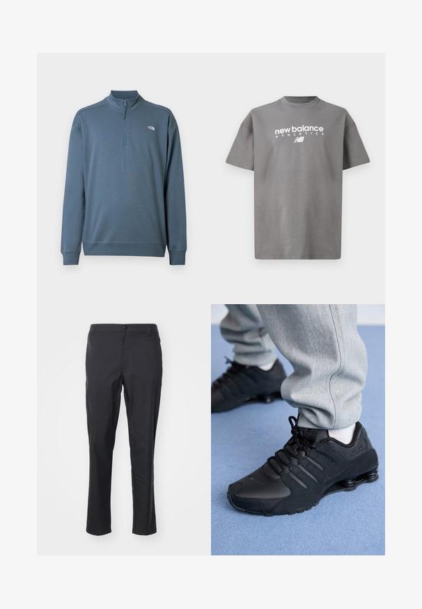 Sinine pikkade varrukatega neljandiku tõmblukuga pullover, seisev krae ja väike valge The North Face'i logo vasakul rinnal.; Halli puuvillane t-särk ümara kaelusega, lühikeste varrukatega ja ees valge "new balance ATHLETICS" logoga.; Kergedamad mustad püksid, mis on valmistatud kerge kangaga, omavad siledat tekstuuri, sirget lõiget ja kinnitatakse vöökoht nööbiga.; Isik mustade Nike Shox tossudega ja hallides dressipükstes seisab helesinise vaiba peal.
