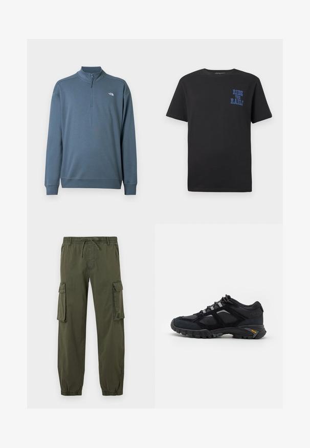 Blå langærmet quarter-zip trøje med stående krave og lille hvid The North Face-logo på venstre bryst.; Sort bomulds t-shirt med korte ærmer med blå tekst "RIDE THE RAILS" på venstre brystområde. Rund hals og standard pasform.; Olivengrøn cargo bukser lavet af letvægtsstof. Elastisk talje med snor, to sidelommer og to cargolommer på lårene.; Sort udendørs sko lavet af ruskind og mesh med en robust sål. Har grå accenter og Vibram-branding på siden. Snøredesign.