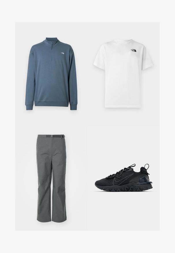 Modrý pulóver s dlhými rukávmi, štvrťzipsom, stojatým golierom a malým bielym logom The North Face na ľavej strane hrudníka.; Biele bavlnené tričko s krátkymi rukávmi a okrúhlym výstrihom. Na ľavej hornej strane má malú čiernu značku. Hladká textúra.; Šedé vonkajšie nohavice vyrobené z odolnej tkaniny, s rovnými nohavicami, nastaviteľným opaskom a švovými detailmi pre zvýraznenie štruktúry.; Čierna atletická topánka s priedušným sieťovaným zvrškom, textúrovanými akcentmi a vlnovou gumovou podrážkou. Obsahuje reflexné logo a systém šnurovania.