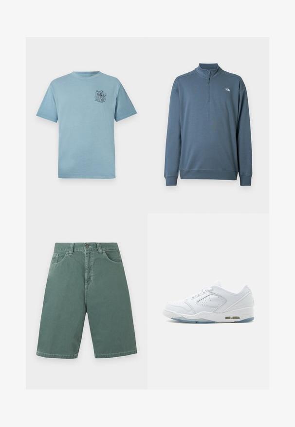 Pull bleu à manches longues avec fermeture éclair jusqu'au quart, col montant et petit logo blanc The North Face sur le côté gauche de la poitrine.; T-shirt en coton bleu clair avec une coupe décontractée, comprenant un petit graphique noir sur la partie gauche de la poitrine. Manches courtes et col rond.; Shorts en denim verts, taille haute, longueur au genou, avec bouton devant, fermeture éclair, passants pour ceinture, et deux poches avant visibles sur fond uni.; Basket blanche basse de sport avec panneau latéral perforé, fermeture à lacets, semelle rembourrée et unité d'air visible au talon.