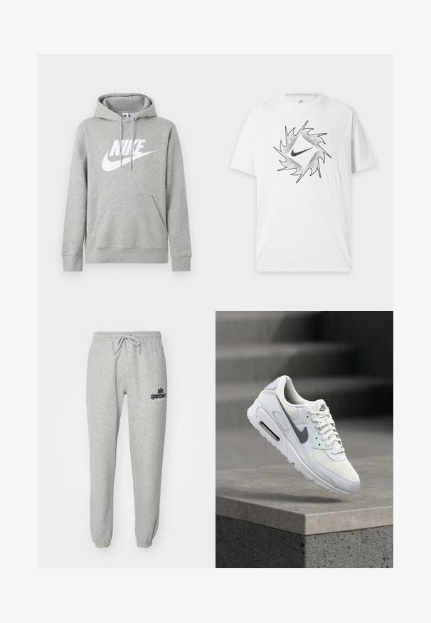 Sivý pulóver s kapucňou, predným vreckom, nastaviteľným sťahovacím šnúrkou na kapucni a veľkým bielym logom Nike na hrudi.; Biele tričko s krátkym rukávom Nike s čiernym abstraktným kruhovým dizajnom a centrálnym logom Nike swoosh na prednej strane.; Svetlo šedé teplákové nohavice vyrobené z bavlnenej zmesi. Majú elastický pás s šnúrkou, zúžené nohy a čierne logo po boku.; Biela teniska Nike Air Max so sivým Swoosh, ktorá visí nad betónovým okrajom, zobrazujúca bočné a predné detaily.