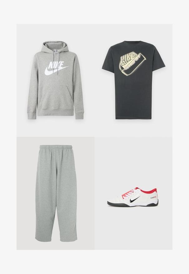 Grauer Kapuzenpullover mit Fronttasche, verstellbarem Kordelzug an der Kapuze und großem weißem Nike-Logo auf der Brust.; Dunkelgraues Baumwoll-T-Shirt mit rundem Halsausschnitt. Auf der Vorderseite befindet sich ein großes, stilisiertes "Nike"-Logo in einer helleren Farbe.; Hellgraue Jogginghose mit elastischem Bund, schmal zulaufendem Bein und weicher Textur. Keine sichtbaren Markenlogos oder Muster.; Weißer Sportschuh mit roten Akzenten, schwarzem Swoosh-Logo und strukturiertem Design. Mit weißen Schnürsenkeln und schwarzem Außensohle. Text lautet "total90."
