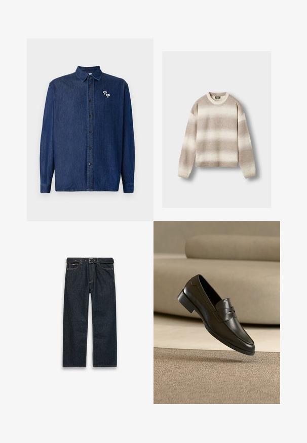 Beige og off-white stribet langærmet strikket sweater med ribstrikkede manchetter, kant og rund hals, vist lagt fladt på en hvid baggrund.; Mørkeblå denimskjorte med knappelukning foran, lange ærmer og spids krave. Har en hvid broderet "RP"-logo.; Mørkeblå straight-leg jeans i denim med bæltestropper og sort bælte, forlommer og synlige syninger på en hvid baggrund.; Sort lædersko med slip-on design, svævende over beige tæppe med beige sofa i baggrunden, der fremhæver klassisk herrestil.
