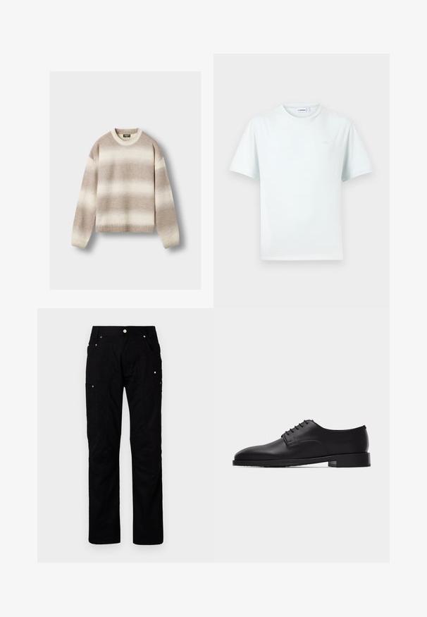 Suéter tejido de manga larga con rayas beige y blanco hueso, con puños, dobladillo y cuello redondo acanalados, exhibido plano sobre un fondo blanco.; Camiseta blanca lisa de manga corta con cuello redondo, con un logo sutil en el pecho y etiqueta de marca visible dentro del cuello.; Pantalones cargo negros fabricados con tejido duradero, que cuentan con múltiples bolsillos, costuras reforzadas y accesorios de metal para una mayor funcionalidad.; Zapato Oxford de vestir de cuero negro para hombre con cordones cerrados y tacón apilado bajo, mostrado en perfil lateral sobre un fondo blanco.