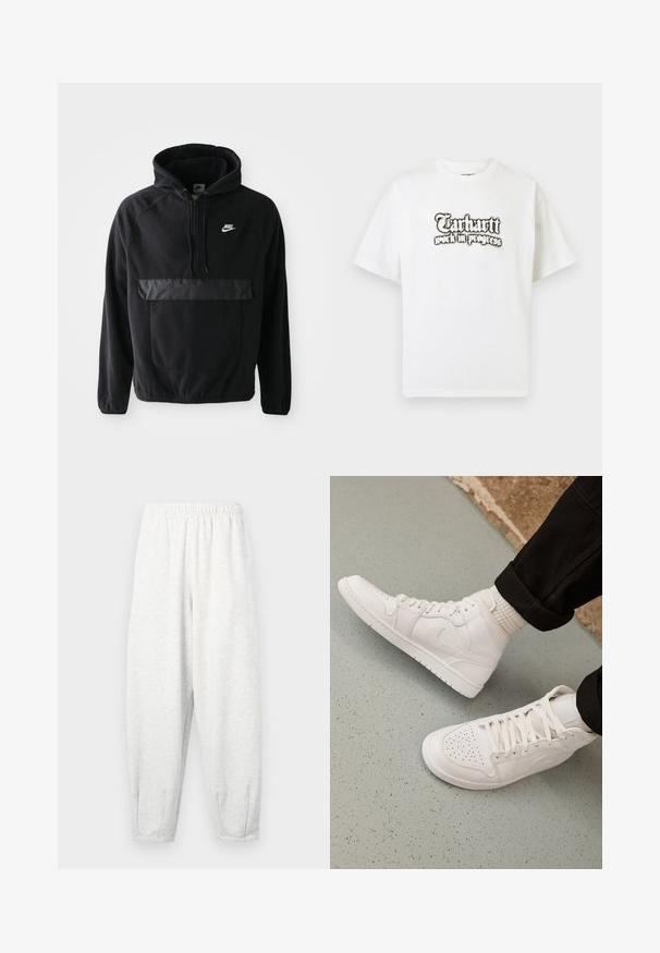 Schwarzer Nike Hoodie aus strukturiertem Fleece-Material, mit einer Vordertasche mit matter Oberfläche und einer Kordelzugkapuze. Logo auf der Brust.; Weißes T-Shirt mit kurzen Ärmeln und schwarzem Text im gotischen Stil "Carhartt work in progress" mittig auf der Brust.; Hellgraue Sweatpants aus weichem Stoff, mit einem elastischen Bund, schmal zulaufenden Beinen und Fußbündchen. Einfaches Design ohne Muster.; Weisse High-Top-Sneaker aus glattem Leder mit perforierter Zehenpartie, Schnürverschluß und dezentem Logodetail an der Seite. Strukturierte Gummisohle.