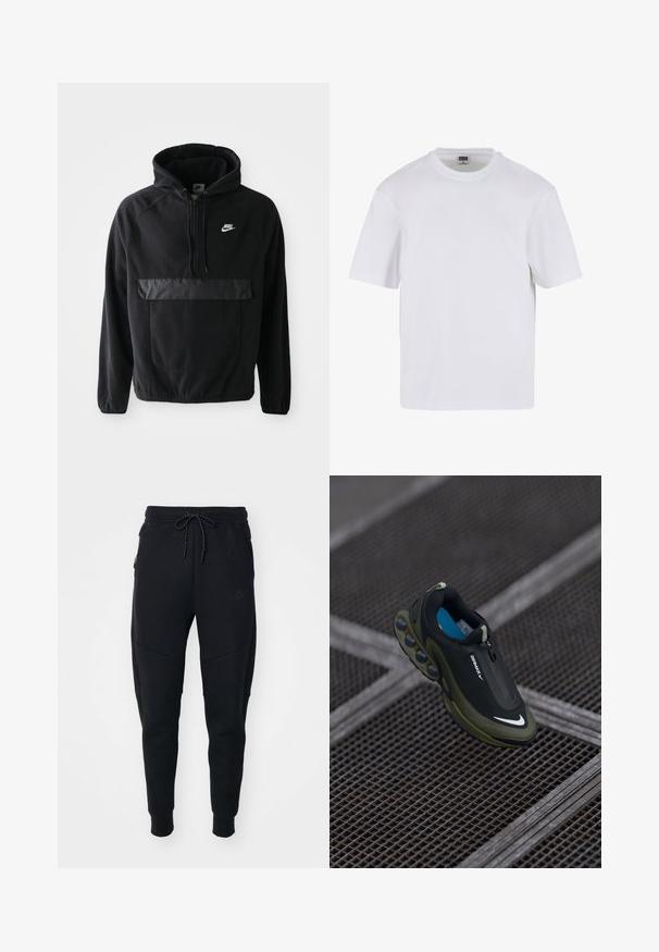 Sort Nike hættetrøje i tekstureret fleece-materiale, med en frontlomme med en glat mat finish og snøre i hætten. Logo på brystet.; Hvid kortærmet t-shirt lavet af bomuld. Har en rund halsudskæring og en afslappet pasform. Glat tekstur, minimalistisk design, ingen mønstre eller accenter.; Sorte joggere lavet af blødt stof, med snoretræk i taljen, smalle ben og sidelommer med et elegant design.; Sort og oliven Nike Air Max sko med en glat overflade, lynlåslukning og karakteristiske luftdæmpningspuder i sålen. Blå indersål synlig.