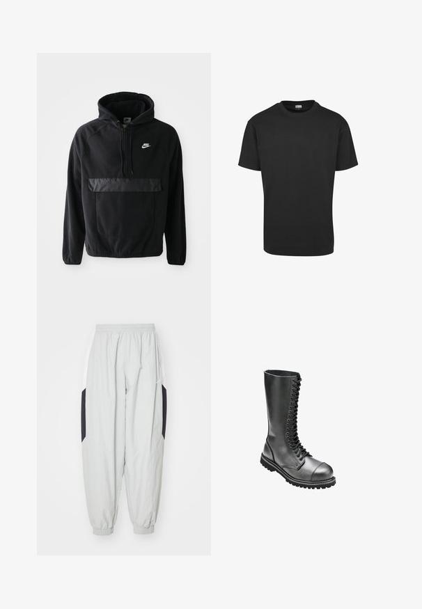 Schwarzer Nike Hoodie aus strukturiertem Fleece-Material, mit einer Vordertasche mit matter Oberfläche und einer Kordelzugkapuze. Logo auf der Brust.; Schwarzes T-Shirt mit kurzen Ärmeln und Rundhalsausschnitt, reguläre Passform und Urban Classics Etikett innen am Kragen.; Hellgraue Jogginghose aus leichtem Stoff, mit elastischem Bund und Bündchen, sowie kontrastierenden schwarzen und weißen Seiteneinsätzen.; Schwarze Leder-Schnürkampfstiefel mit hohem Schaft, runder Zehenpartie, gepolstertem Kragen und strukturiertem Gummisohle für besseren Halt.