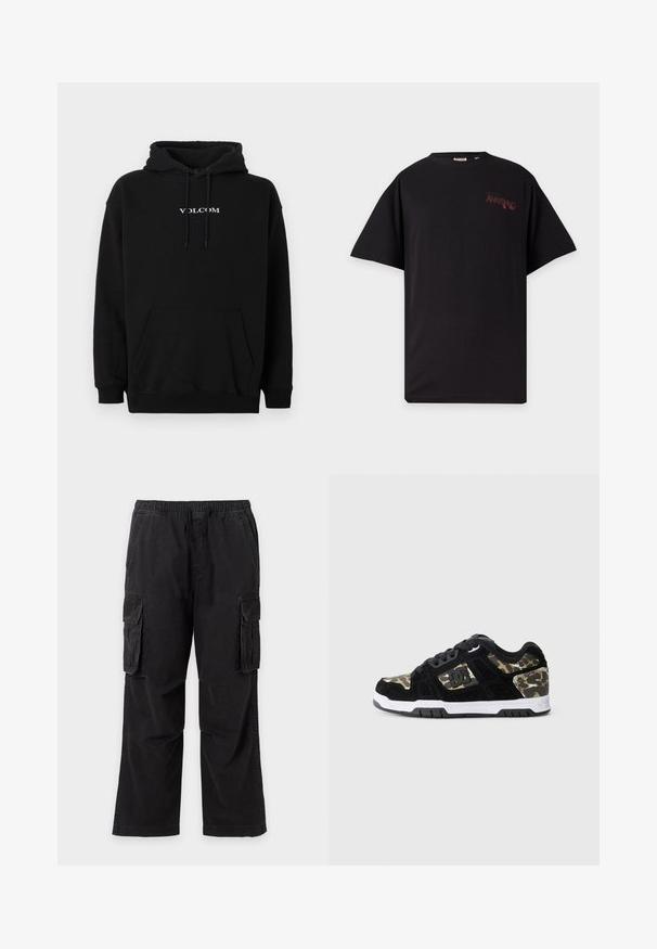 Zwarte capuchontrui van een katoenmengsel, met een voorzak in kangarustijl en een wit "Volcom"-logo geborduurd op de borst.; Zwart T-shirt met korte mouwen en rode opdruk "AWAKENING" op het bovenste linkerborstgebied.; Zwarte cargobroek met elastische tailleband, trekkoord en grote klepzakken op beide dijen, getoond op een effen lichte achtergrond.; Zwarte suède sneaker met een camouflagemotief aan de zijkant, witte tussenzool en zwarte rubberen zool. Bevat veters en logo-details aan de zijkant.