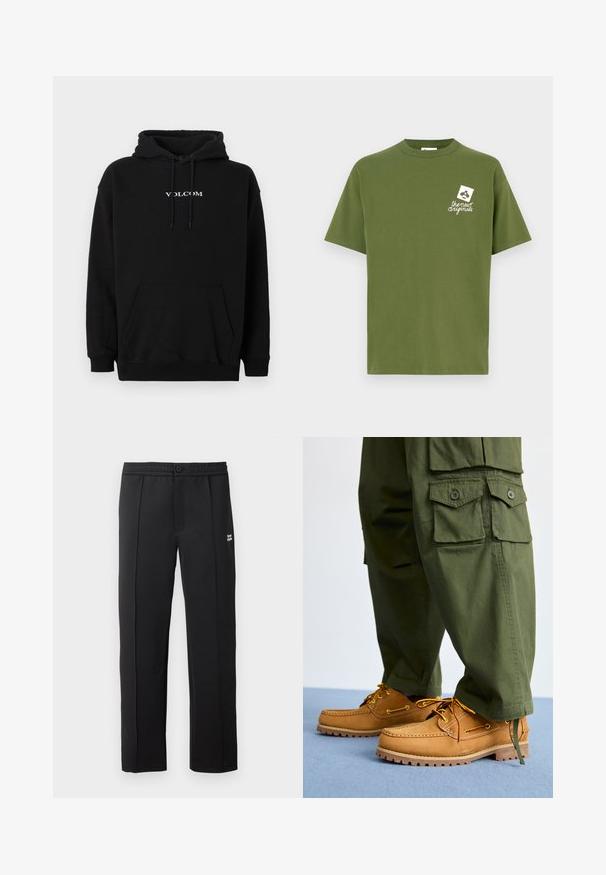 Zwarte capuchontrui van een katoenmengsel, met een voorzak in kangarustijl en een wit "Volcom"-logo geborduurd op de borst.; Olijfgroen katoenen T-shirt met een ronde hals en korte mouwen. Heeft een wit grafisch beeld op de linkerborst met de tekst "the new originals."; Zwarte broek van gladde stof, met een knoopsluiting, zijzakken en een klein logo aan de voorkant. Rechte pijpen.; Timberland AUTHENTIC 3 EYE - Bootschoenen - wheat