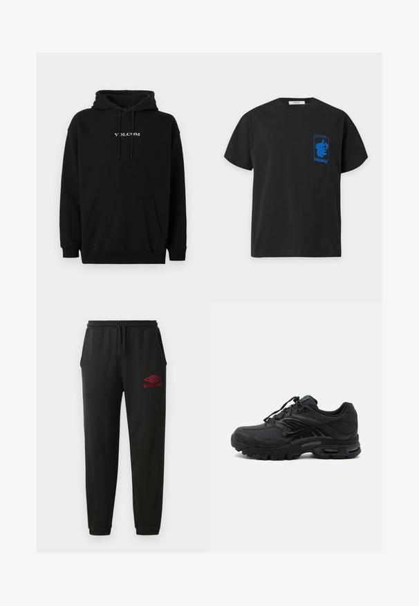 Sort hættetrøje lavet af bomuldsblanding, med en forreste kængurulomme og hvidt "Volcom"-logo broderet på brystet.; Sort t-shirt med korte ærmer med blå grafik af et hoved og tekst "Live Tonight... replay" på venstre bryst.; Sorte sweatpants med elastisk talje og manchetter, sidelommer og rødt Umbro-logo på venstre lår.; Sort atletisk sneaker med tekstureret stof, tyk polstret sål, luftventiler og snørelukning, vist fra siden på en lys baggrund.