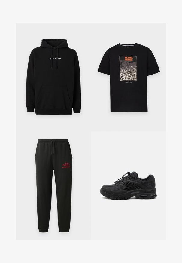 Sort hættetrøje lavet af bomuldsblanding, med en forreste kængurulomme og hvidt "Volcom"-logo broderet på brystet.; Sort T-shirt med en grafik af en menneskemængde og orange tekst "PLEASE BEHAVE" over menneskemængden, med lille tekst "WEEKEND OFFENDER ADMIT NOTHING" under.; Sorte sweatpants med elastisk talje og manchetter, sidelommer og rødt Umbro-logo på venstre lår.; Sort atletisk sneaker med tekstureret stof, tyk polstret sål, luftventiler og snørelukning, vist fra siden på en lys baggrund.