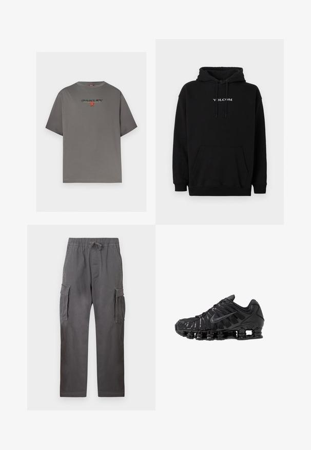 Sweat à capuche noir en mélange de coton, doté d'une poche kangourou à l'avant et du logo "Volcom" blanc brodé sur la poitrine.; T-shirt gris à manches courtes avec le logo "OAKLEY" et un petit graphisme rouge centré sur la poitrine, présenté sur un fond blanc uni.; Pantalon cargo gris en coton, avec une ceinture élastique à cordon de serrage, deux poches latérales et deux poches plaquées sur les cuisses.; Chaussures de sport noires en mesh et matériaux synthétiques, présentant un design ondulé distinct, une semelle en caoutchouc noire et des accents réfléchissants.