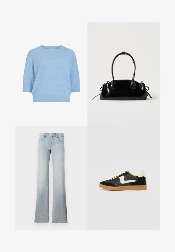 Un pull tricoté bleu clair avec un col rond, des manches courtes et un ourlet côtelé. Texture douce et coupe décontractée.; Jean flare en denim bleu clair avec une finition délavée, cinq poches et une fermeture à bouton. Le tissu a une texture lisse et un léger stretch.; Baskets en daim et cuir noir avec un swoosh latéral crème et un talon crème clair. Dotées de lacets beige et d'une semelle en caoutchouc gomme.; Petit sac à main noir brillant avec deux longues anses et des détails à cordon sur les côtés sur un fond clair uni.