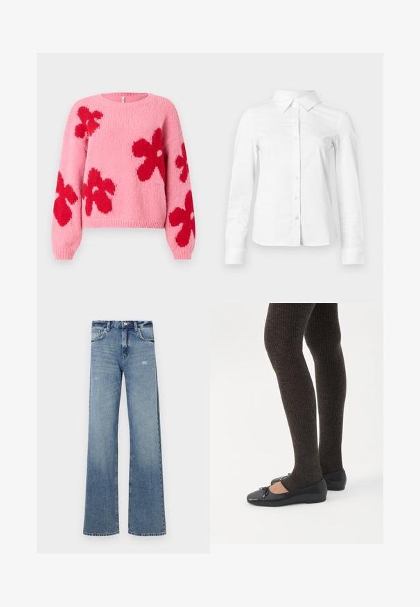 Suéter de punto rosa con grandes patrones florales rojos en el frente y las mangas, con un escote redondo y puños y dobladillo acanalados.; Camisa blanca de manga larga con botones, cuello puntiagudo, bajo recto y silueta ajustada, presentada sobre un fondo claro y liso.; Jeans de mezclilla azul claro con cintura alta, diseño de pierna ancha, ligera desgastación y estructura tradicional de cinco bolsillos.; Piernas con leggings oscuros acanalados combinados con bailarinas negras que presentan pequeños detalles de lazo sobre un fondo blanco.