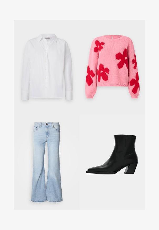 Roze gebreide trui met grote rode bloemenpatronen op de voorkant en mouwen, met een ronde halslijn en geribde boorden en onderrand.; Witte button-up shirt van katoen, met lange mouwen, een klassieke kraag en subtiele stikdetails.; Lichtblauwe flare jeans met een hoge taille, gemaakt van denim, voorzien van vijf zakken en een knoopsluiting. De pijpen zijn wijd en hebben een licht vervaagde afwerking.; Zwarte leren enkelboot met een spitse neus, een slanke silhoeet en een chunky vierkante hak. Gladde textuur met minimale stikdetails.