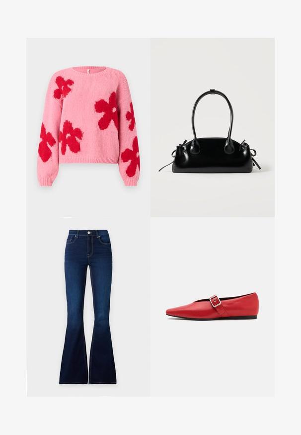 Pull en tricot rose avec de grands motifs floraux rouges sur le devant et les manches, présentant un col rond et des poignets et un ourlet côtelés.; Jean flare bleu foncé à taille haute, en denim. Présente des coutures contrastées et une fermeture à bouton à l'avant. Texture lisse.; Ballerine en cuir rouge avec une pointe pointue, comportant une lanière sur le côté avec une boucle en métal et un petit talon noir. Texture lisse sur l'ensemble.; Petit sac à main noir brillant avec deux longues anses et des détails à cordon sur les côtés sur un fond clair uni.