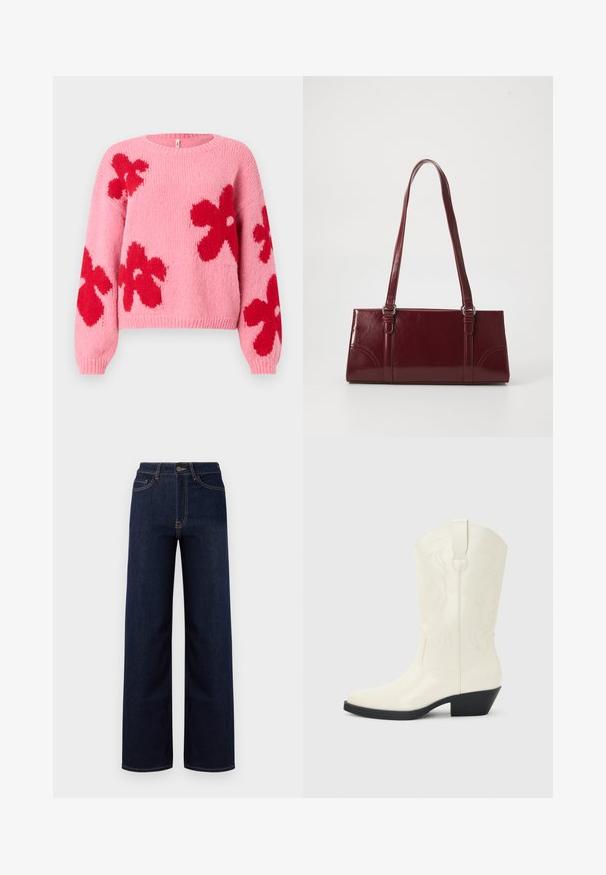 Lyserød striktrøje med store røde blomster mønstre på fronten og ærmerne, med rund halsudskæring samt ribbede manchetter og kant.; Mørkeblå bredbenede jeans lavet af denim, med høj talje, fire lommer og kontrastfarvet syninger langs sømmene.; Hvid western-støvle til midt på læggen med spids tå, sort stablet hæl, dekorative sømme og trækflap på skaftet.; Bordeaux håndtaske lavet af glansfuldt materiale, rektangulær form, med to skulderremme og subtile buede detaljer på forsiden.