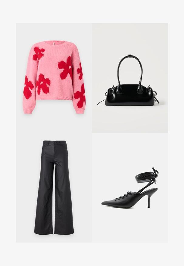 Suéter de punto rosa con grandes patrones florales rojos en el frente y las mangas, con un escote redondo y puños y dobladillo acanalados.; Pantalones de pierna ancha en material de cuero sintético. Presentan una cintura alta, trabillas para cinturón, dos bolsillos delanteros y detalles de costura.; Zapato de tacón alto negro con punta puntiaguda, con cordones en la parte delantera y correas que rodean el tobillo atadas con un lazo, mostrado de lado sobre un fondo blanco.; Pequeño bolso negro brillante con dos asas largas y detalles de cordón lateral sobre un fondo claro liso.