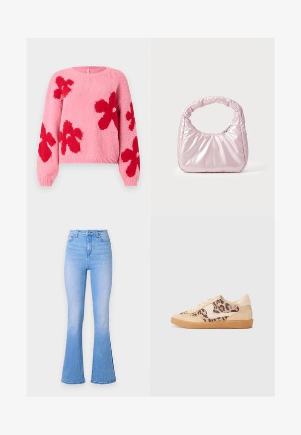 Rosaroter Strickpullover mit großen roten Blumenmustern auf der Vorderseite und den Ärmeln, mit einem Rundhalsausschnitt sowie gerippten Bündchen und Saum.; Hellblau ausgestellte Jeans mit hoher Taille, aus Denim gefertigt. Hat eine glatte Textur und einen subtilen Farbverlauf zum Saum hin. Klassisches Fünf-Taschen-Design.; Löwenmuster-Sneaker mit beige Wildleder-Obermaterial, tanfarbener Gummisohle und weißen Akzenten. Runde Zehenform und Schnürdesign mit strukturiertem Finish.; Rosa, gepolsterte Handtasche mit abgerundeter Form, aus glänzendem Material gefertigt. Verfügt über einen gerafften Griff und einen Reißverschluss für sicheren Zugang.