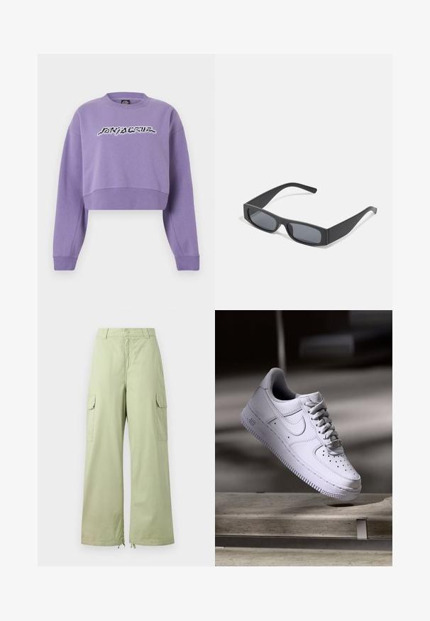 Lila cropped sweatshirt met lange mouwen en zwart-witte gestileerde tekst in het midden van de borst.; Lichtgroene cargobroek met wijde pijpen, gemaakt van katoen. Bevat twee zijzakken en een knoopsluiting. Soepele textuur en casual ontwerp.; Witte Nike Air Force 1 sneaker die zweeft boven een betonnen oppervlak met schaduwen in een minimalistische setting.; Zwarte rechthoekige zonnebril met donkere lenzen en dikke matte monturen. De zijstukken zijn licht taps toelopend met een gladde textuur.